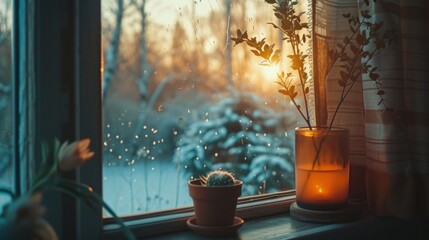 Poster - A candle and a potted plant placed on a window sill. Perfect for adding a cozy touch to any room or creating a peaceful ambiance.