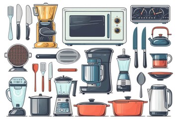 Wall Mural - A collection of various kitchen appliances and utensils. Ideal for illustrating cooking, home, and culinary concepts