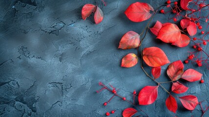Poster - Red leaves and berries beautifully arranged on a gray surface. Perfect for autumn-themed designs and nature-inspired projects