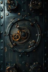 Wall Mural - A detailed view of a metal door adorned with gears. This image can be used to depict industrial settings or as a metaphor for problem-solving and mechanisms