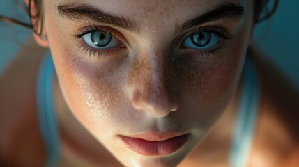 Poster - A close-up shot of a woman with beautiful freckles on her face. This image can be used to showcase natural beauty and diversity