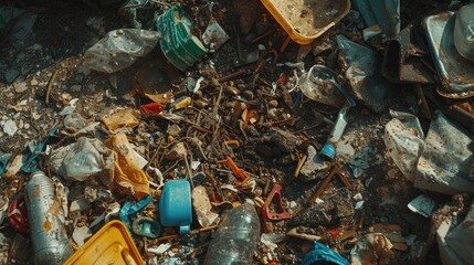 Poster - A pile of trash and plastic bottles on the ground. Suitable for environmental awareness campaigns
