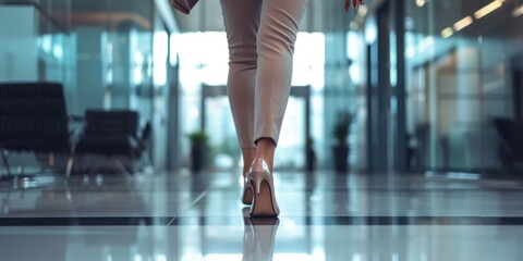 Poster - A woman is seen walking down a hallway in a building. This image can be used to depict concepts of movement, progress, and exploration in various professional or personal contexts