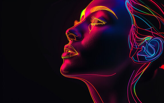 
Renderização 3D, fundo minimalista abstrato. rosto feminino mulher  de néon brilhante, linha simples com loops, gradiente violeta azul rosa vermelho, papel de parede ultravioleta moderno