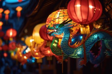 Poster - Colorful Chinese lanterns hanging from the ceiling. Perfect for festive decorations and adding a vibrant touch to any event