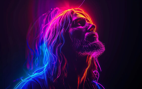 Renderização 3D, retrato de arte abstrata de Jesus Cristo, brilhando com luz neon colorida sobre fundo preto