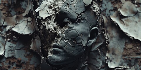 Poster - A close-up view of a face with peeling paint. This image can be used to depict decay, aging, or the passage of time.