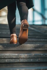Poster - A close up shot of a person walking up a flight of stairs. Can be used to depict determination, progress, and overcoming challenges