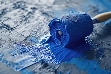 Aufkleber - A blue paint roller on a blue surface. Suitable for DIY projects and painting concepts