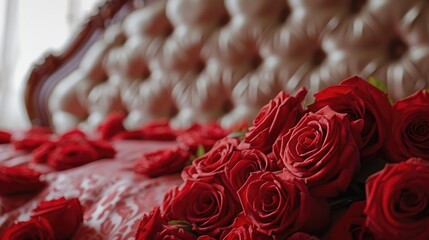 Poster - A bunch of red roses sitting on top of a bed. Perfect for romantic occasions and Valentine's Day