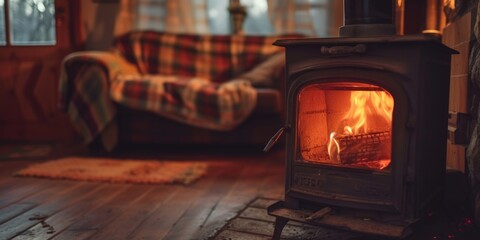 Poster - A cozy living room with a wood burning stove. Perfect for adding warmth and ambiance to any home