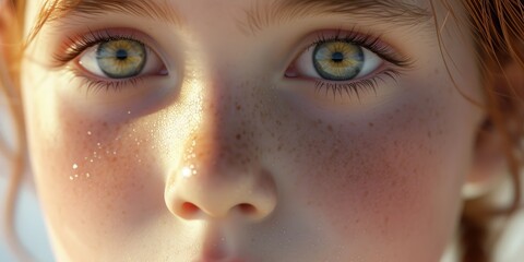 Aufkleber - Close up of a child's face with freckles. Perfect for portraying innocence and natural beauty. Can be used in various projects and publications