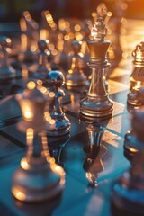 Poster - A detailed close-up of a chess board with multiple pieces. Perfect for illustrating strategy, competition, or the game of chess itself