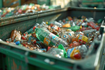 Poster - A green bin filled with lots of empty bottles. Perfect for recycling and sustainability concepts