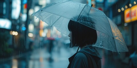 Aufkleber - A woman stands in the rain, holding an umbrella. Suitable for weather-related designs and concepts