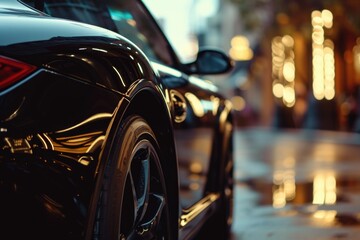 A black car parked on the side of a street. Suitable for automotive and transportation-related projects