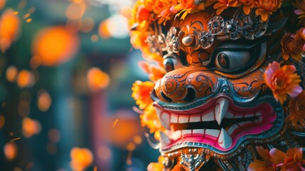 Poster - A close-up image of a mask adorned with beautiful flowers. Perfect for adding a touch of elegance and mystery to any project