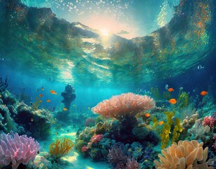 Wall Mural - Underwater view of coral reef and tropical fish.