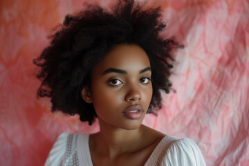 Poster - A beautiful young woman with an afro looking directly at the camera. Suitable for various projects and designs