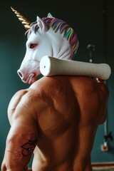 Poster - A man wearing a fake unicorn head on his back. This unique image can be used to represent creativity, imagination, or humor