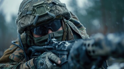 Poster - A man in camouflage holding a rifle in the snow. Suitable for outdoor and military-themed projects