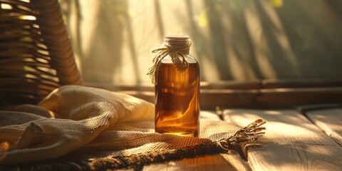 Poster - A bottle of honey sitting on a wooden table. Can be used for food, health, and natural product concepts