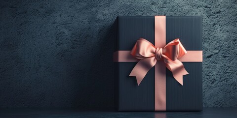 Poster - A black gift box with a pink ribbon, perfect for any special occasion. Can be used for birthdays, anniversaries, or as a stylish gift packaging option