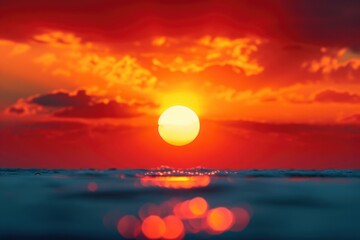 Poster - A stunning view of the sun setting over the ocean on a cloudy day. Perfect for travel or nature-related projects