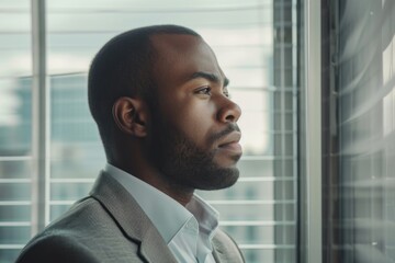 Poster - A man dressed in a suit standing by a window, gazing outside. Suitable for business and corporate themes