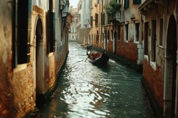 Aufkleber - A gondola gracefully glides down a narrow canal in a city. Perfect for travel and tourism-related designs