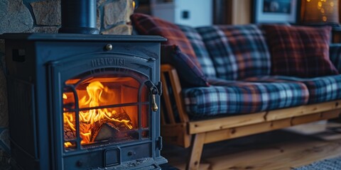 Poster - A cozy wood burning stove in a living room. Perfect for adding warmth and ambiance to any space