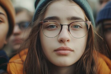 Canvas Print - A young woman is pictured wearing glasses and a beanie. This versatile image can be used in various contexts