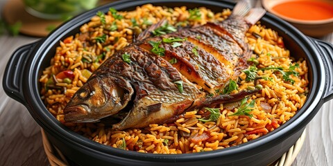 Wall Mural - Rice with vegetables with baked whole fish delicious healthy food in dishes on the table