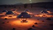 A group of glowing UFOs with lights touching down in a sandy landscape. Concept of alien visitation, desert mysteries, extraterrestrial technology, fantasy theme