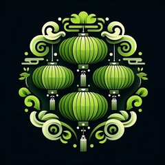 Wall Mural - emblem design green Chinese New Year lantern in Vector Illustration with black Background design with space for copy created with generative Ai