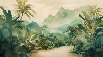 Wall Mural - Watercolor pattern wallpaper. Painting of a jungle landscape in retro style.