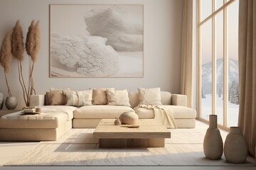 Interior design of a modern minimalistic living room mockup with white walls and hardwood floors.