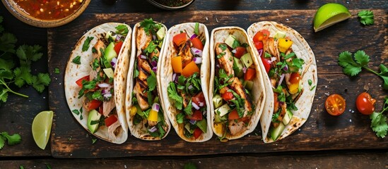 Wall Mural - Fiery Mexican Tacos with Savory Grilled Chicken - A Delicious Mexican Fiesta of Flavorful Tacos, Succulent Chicken, and Authentic Mexican Spices