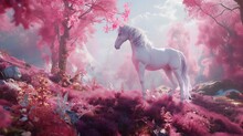 Pastoral Grace White Horse Amidst Mountains Forest Pink Hues