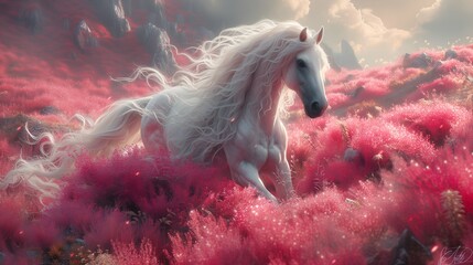 Fantasy Equine Run White Horse in Pastel Mountains Meadow