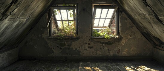 Canvas Print - Two Broken Attic Windows Illuminate the Eerie Abandoned Building