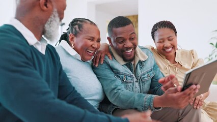 Wall Mural - Tablet, laughing and black family on sofa in living room of home together for bonding or visit. Funny, man and woman with senior parents talking in apartment for social media browsing on technology