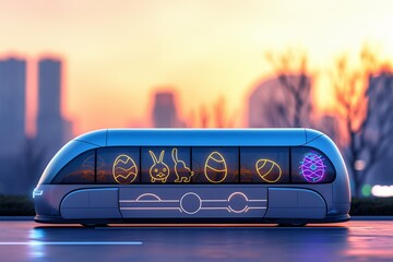 A futuristic, streamlined bus, coated in a shimmering silver, is set against a softly blurred urban skyline. The bus's Easter concept is minimalistic yet striking, with neon outlines of Easter eggs