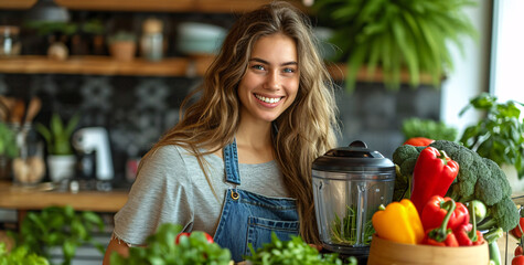 A joyful woman stands proudly with a natural produce-filled flowerpot, representing the benefits of a vegan diet and a connection to local foods