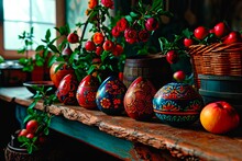 An Old Wooden Table On Which Stand Colourful Easter Eggs And Other Easter Decorations.
