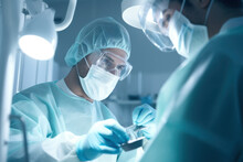 A focused surgeon in scrubs and surgical mask during a medical procedure.Surgeon Performing Operation in Operating Room. 