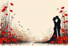 Watercolor Silhouette Of Newlyweds Against A Background Of Poppies. Wedding Invitation, Valentine