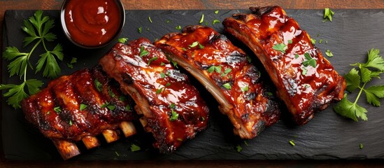 Wall Mural - Juicy Grilled Pork Ribs: Savor the Smoky Goodness of Grilled Pork Ribs with Our Mouthwatering Recipe