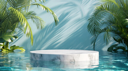 Wall Mural - White marble podium stand platform in swimming pool water with palm leaves. Summer tropical background for luxury product placement