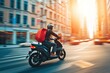 © mnirat - A dynamic scene of a food delivery moto scooter driver, with a bright red backpack, navigating through a bustling city street.